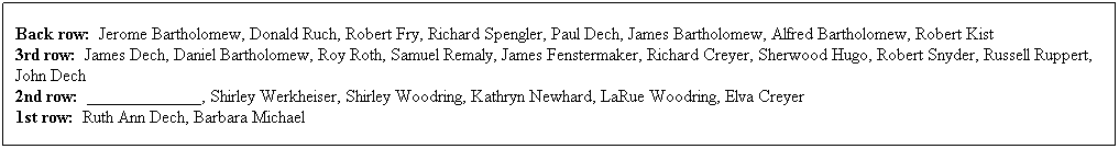 Text Box: Back row:  Jerome Bartholomew, Donald Ruch, Robert Fry, Richard Spengler, Paul Dech, James Bartholomew, Alfred Bartholomew, Robert Kist
3rd row:  James Dech, Daniel Bartholomew, Roy Roth, Samuel Remaly, James Fenstermaker, Richard Creyer, Sherwood Hugo, Robert Snyder, Russell Ruppert, John Dech
2nd row:  _____________, Shirley Werkheiser, Shirley Woodring, Kathryn Newhard, LaRue Woodring, Elva Creyer
1st row:  Ruth Ann Dech, Barbara Michael
